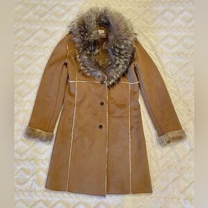 Cache Light Brown Trench Coat with Faux Suede and Real Raccoon Fur Trim, Sz XS